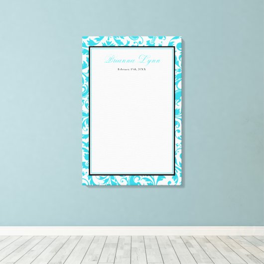 Blauwgroen Blauw Swirl Damask Bat Mitzvah Inloggen Canvas Afdruk (Insitu (Houten vloer))