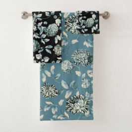 Blauwgroen Blauw Tansy Modern Floral Toile Black Bad Handdoek