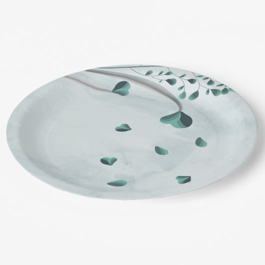 blauwgroen blauw vallende bladeren botanisch papieren bordje (Gekanteld)