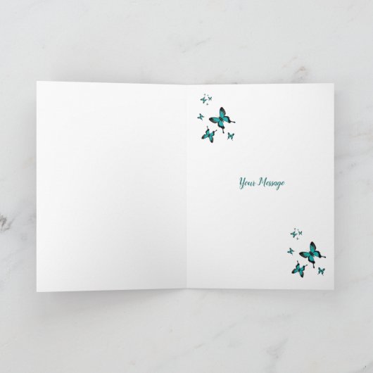 Blauwgroen-blauw vlinderscript bij elke gelegenhei bedankkaart (Binnen)