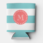 Blauwgroen blauw wit bandpatroon, koraal monogram blikjeskoeler (Voorkant)