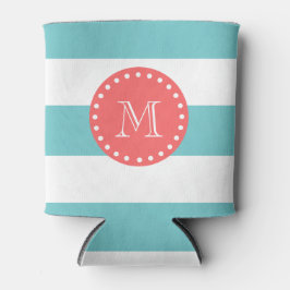Blauwgroen blauw wit bandpatroon, koraal monogram blikjeskoeler