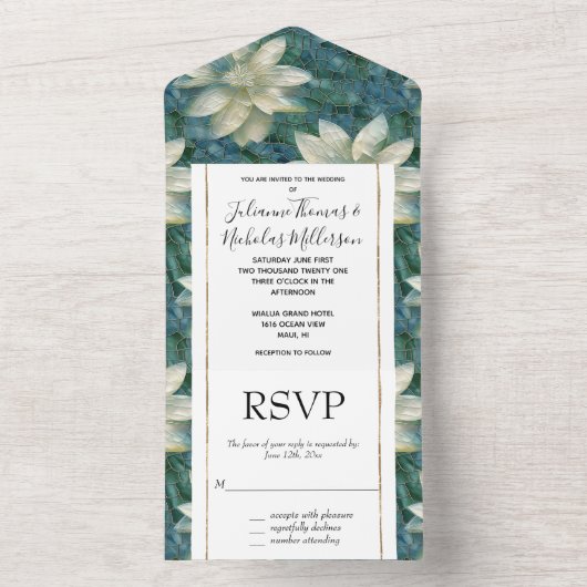 Blauwgroen Blauw Wit Bloemen All In One Uitnodiging (Binnen)