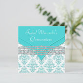Blauwgroen Blauw Wit Damask Diamond Quinceanera Kaart (Staand voorkant)