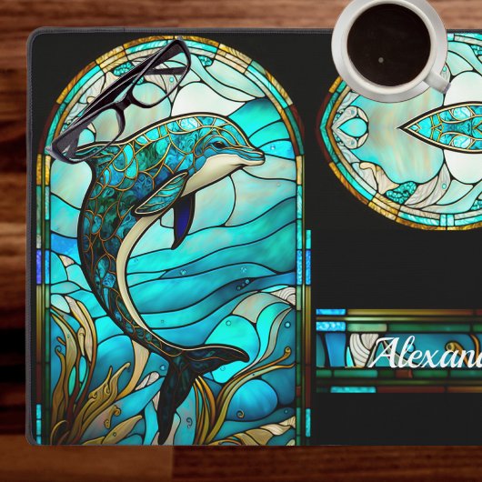 Blauwgroen Blauw Wit Dolfijn Vlekglas look Bureaumat