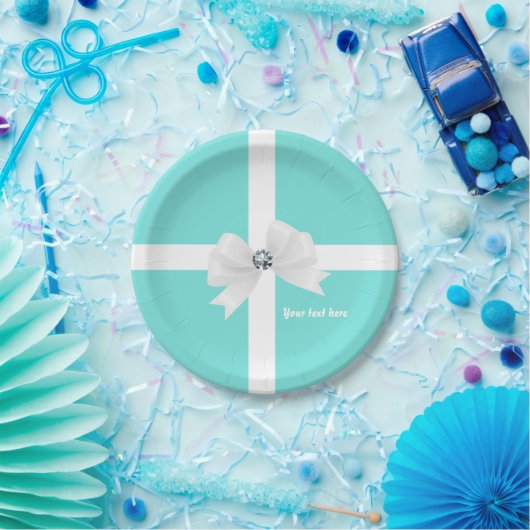 Blauwgroen Blauw & Wit Elegant Glam Diamond Bow Papieren Bordje (Feest)