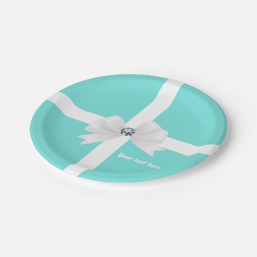 Blauwgroen Blauw & Wit Elegant Glam Diamond Bow Papieren Bordje (Gekanteld)