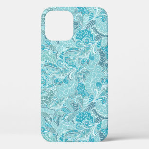 Blauwgroen Blauw Wit Elegant Paisley Patroon iPhone 12 Hoesje