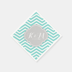 Blauwgroen blauw-witte Chevron met Monogram Servet