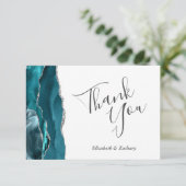 Blauwgroen blauw zilver agaat bruiloft flat dank u kaart (Staand voorkant)