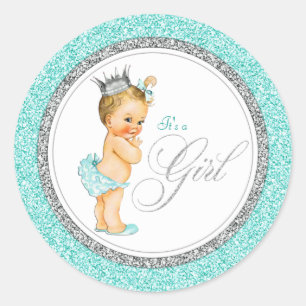 Blauwgroen Blauw Zilver Baby shower Ronde Sticker