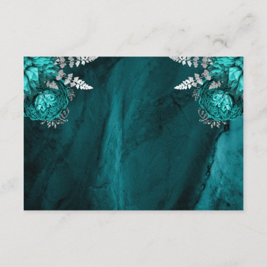 Blauwgroen Blauw Zilveren Bloemscript Trouwdetails Informatiekaartje (Achterkant)