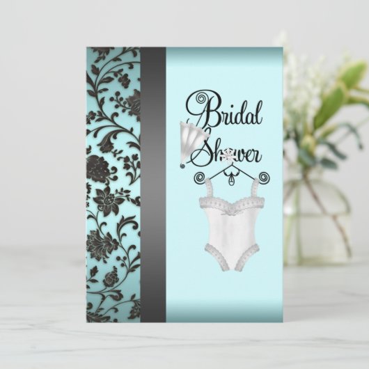 Blauwgroen Blauw Zwart Damask Bruids Douche Uitnod Kaart (Staand voorkant)