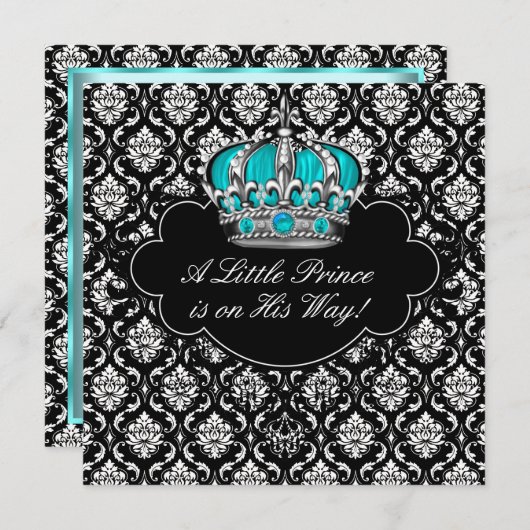 Blauwgroen Blauw Zwart Damask Prince Baby Shower Kaart (Voorkant / Achterkant)