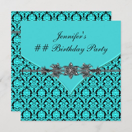 Blauwgroen Blauw Zwart Damask Verjaardagsfeest Kaart (Voorkant / Achterkant)