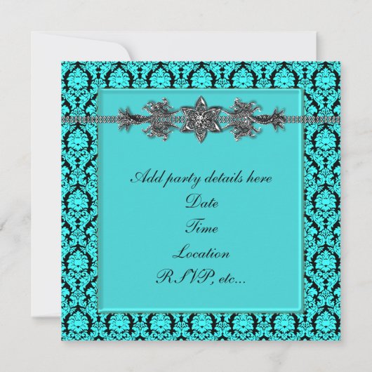 Blauwgroen Blauw Zwart Damask Verjaardagsfeest Kaart (Achterkant)