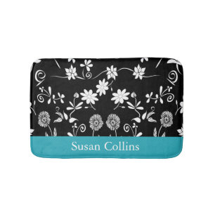 Blauwgroen blauw zwart-wit Floral Patroon Badmat