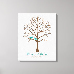 Blauwgroen blauwe bruine vogels Vingerprint Tree W Canvas Afdruk