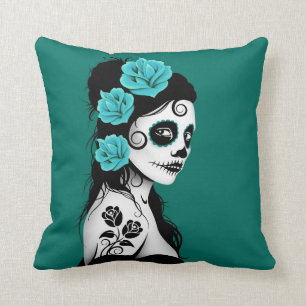 Blauwgroen Blauwe Dag van het Dead Sugar Skull Gir Kussen