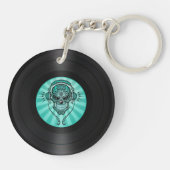 Blauwgroen blauwe dj-suikerschedel op vinylplaat g sleutelhanger (Achterkant)