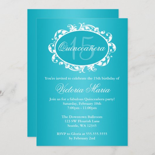 Blauwgroen Blauwe Elegant Swirl Quinceanera Birthd Kaart (Voorkant / Achterkant)