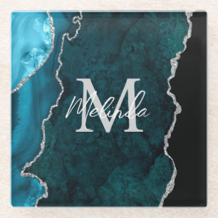 Blauwgroen Blauwe en Zilveren Marmeren Agaat Glazen Onderzetter