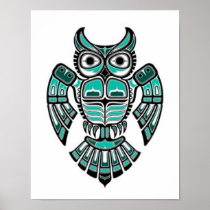 Blauwgroen blauwe en zwarte Haida Spirit Owl Poster