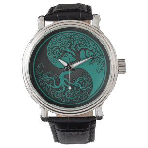 Blauwgroen Blauwe en Zwarte Levensboom Yin Yang Horloge