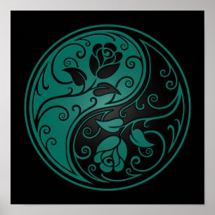 Blauwgroen Blauwe en Zwarte Yin Yang Rozen Poster