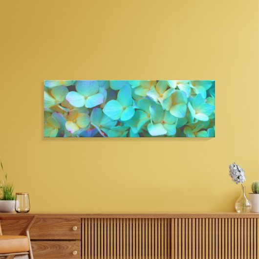Blauwgroen blauwe gele roze hydrangeenbloem canvas afdruk (Insitu (Woonkamer))