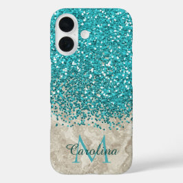 Blauwgroen Blauwe Glitter, Grijze Marmeren Mobiel iPhone 16 Hoesje