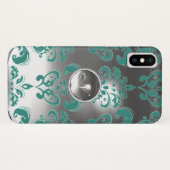 BLAUWGROEN BLAUWE GRAY WHITE DAMASK GEM MONOGRAM Case-Mate iPhone CASE (Achterkant (horizontaal))