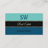 Blauwgroen Blauwe Grenzen op Zwart met Monogram en Visitekaartje (Voorkant)