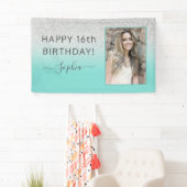 Blauwgroen blauwe groene glitter Birthday Party Spandoek (Insitu)