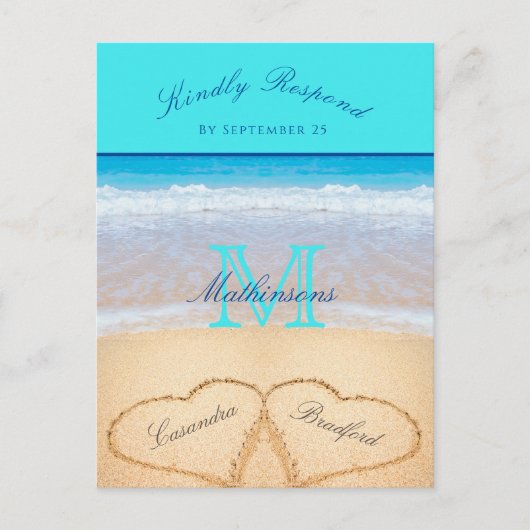 Blauwgroen blauwe harten in het zandstrand Wedding Briefkaart (Voorkant)