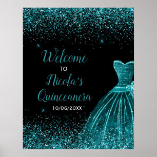 Blauwgroen Blauwe Jurk Faux Glitter Quinceanera We Poster