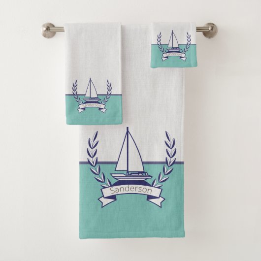 Blauwgroen blauwe marine kustboot Nautical Sailboo Bad Handdoek (Insitu)