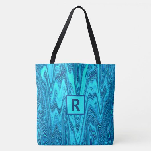 Blauwgroen Blauwe Oceaan Golven Abstract Monogram Draagtas (Voorkant)