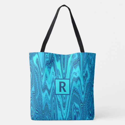 Blauwgroen Blauwe Oceaan Golven Abstract Monogram Draagtas (Achterkant)