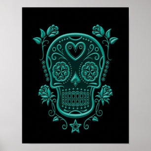 Blauwgroen blauwe suikerschedel met Rozen op zwart Poster