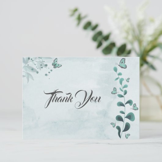 blauwgroen blauwe vlinder botanische bladeren bedankkaart (Staand voorkant)