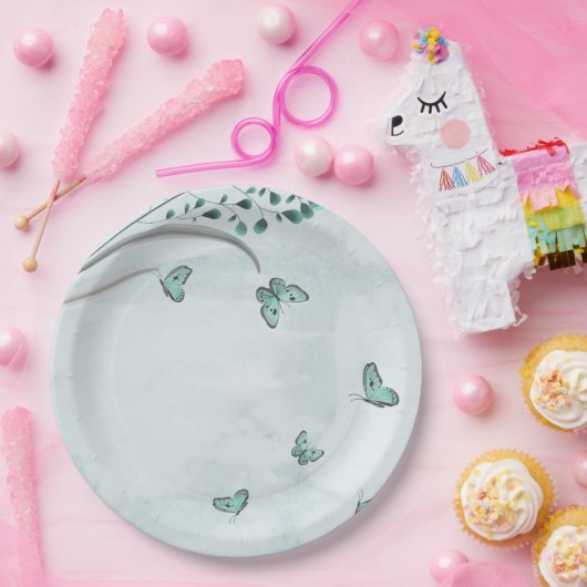 blauwgroen blauwe vlinders bladeren bloem papieren bordje (Feest)