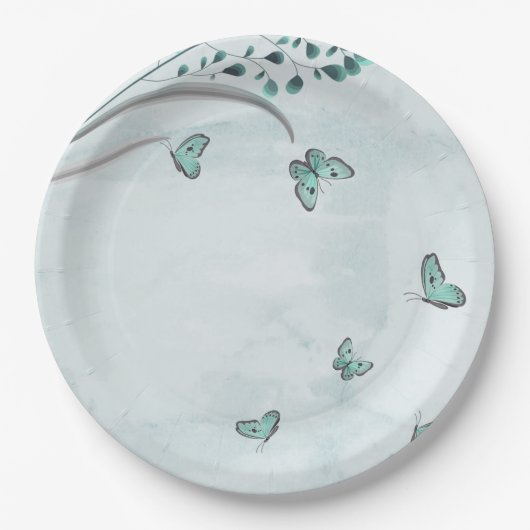 blauwgroen blauwe vlinders bladeren bloem papieren bordje (Voorkant)