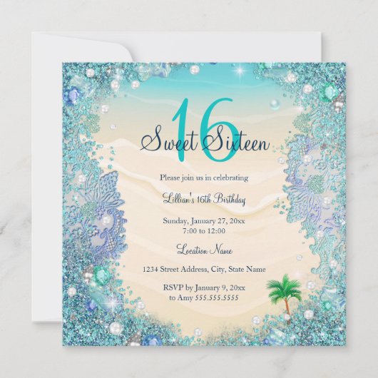 Blauwgroen Blauwe Waterzee Zand Pearls Sweet 16 Pa Kaart (Voorkant)