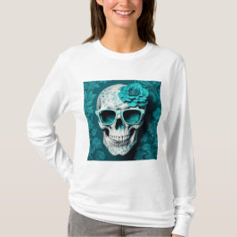 Blauwgroen Bloemen 3D Dode Schedel met zonnebril T-shirt