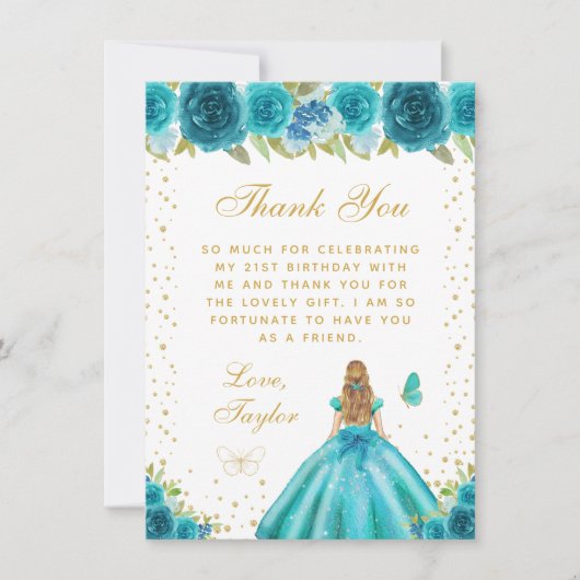 Blauwgroen Bloemen Blond Haar Prinses Verjaardagsf Bedankkaart (Voorkant)