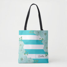  Blauwgroen bloemen en strips-Canvas tas