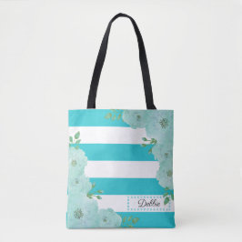  Blauwgroen bloemen en strips-Canvas tas