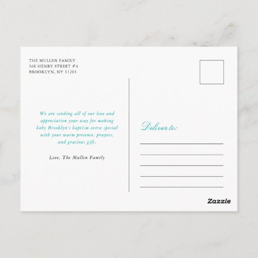 Blauwgroen Bloemenkruis Doop / Doop Dank u Briefkaart (Achterkant)