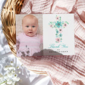Blauwgroen Bloemenkruis Doop / Doop Dank u Briefkaart